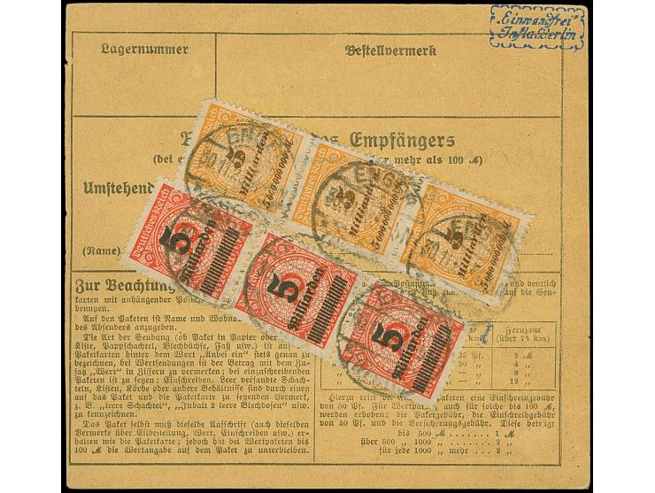 Korbdeckel 50 Mrd. M. im waagerechten Paar und Einzelmarke sowie senkrechter Dreierstreifen 5 Mrd. auf 10 Mio. Mark gezähnt u