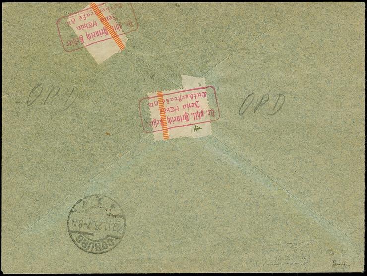 10 Mrd. auf 50 Mio. M. durchstochen mit Plattendruck-Oberrand “A” mit Aufdruck OPD Erfurt und drei Einzelmarken 10 Mrd. auf 5