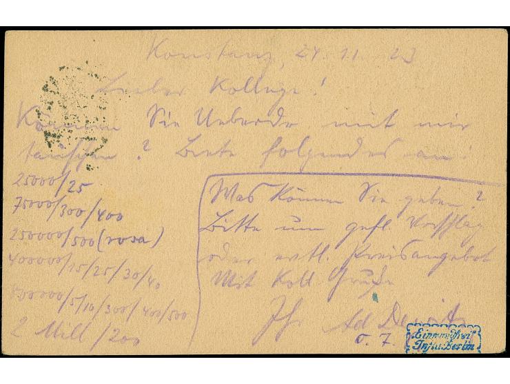 10 Mrd. auf 20 Mio. M. durchstochen mit Stempel “KONSTANZ 25.11.23” als tarifgerechte Einzelfrankatur auf Postkarte nach Delm