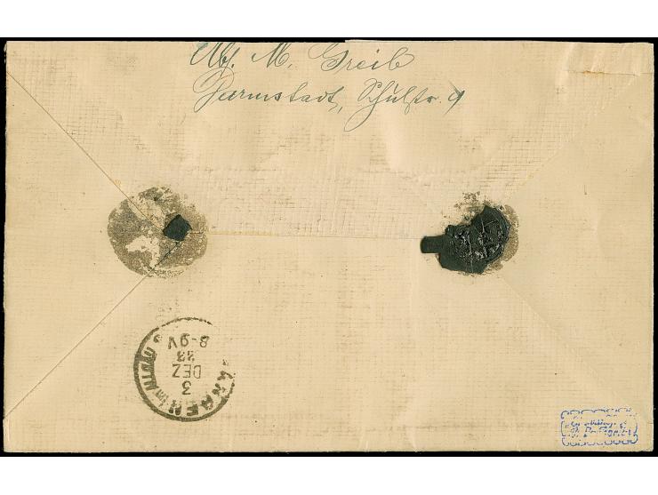 Rentenpfennig 20 und 50 Pfg. jeweils mit Ersttagsstempel “DARMSTADT 1.12.23” als tarifgerechte Frankatur auf Wertbrief der 2.