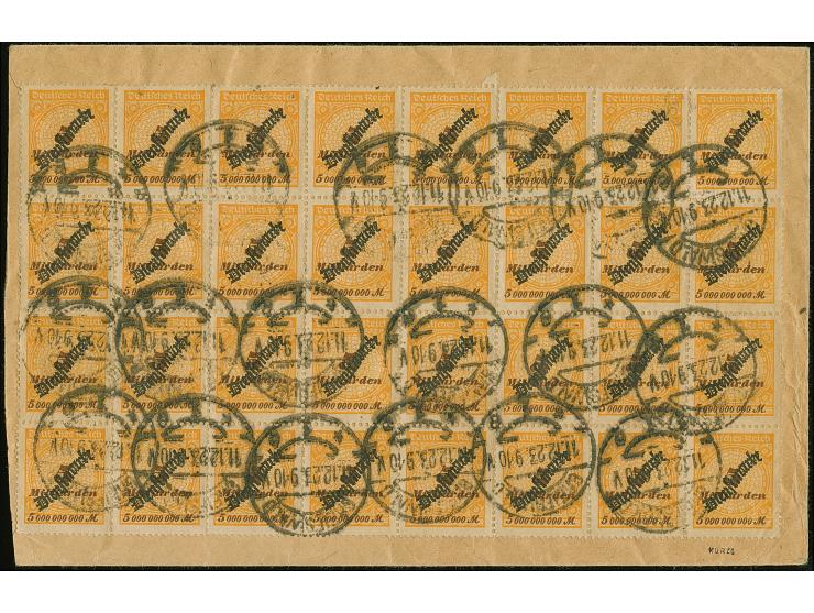 Schlagenaufdruck 5 Mrd. M. im senkrechten 8er-Block und waagerechten 32er-Block jeweils mit Stempel “GREIFSWALD 11.12.23” als