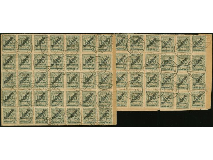 Schlangenaufdruck 100 Mio. M., 100 Stück einzeln und in Einheiten je mit Stempel “BIESDORF 19.11.23” als tarifgerechte Mehrfa