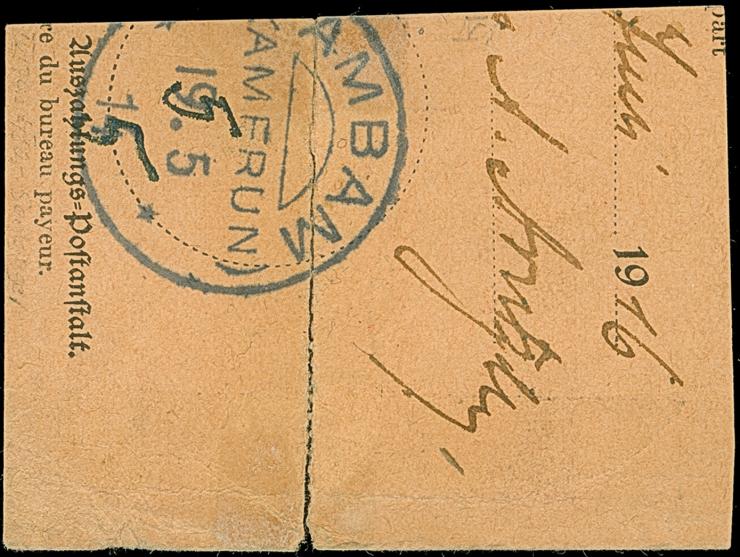 “SANGMELIMA (KAMERUN) 1.15.15” (Jahreszahl handschriftlich geändert von 14 in 15), zweimal klar auf zwei Marken Kaiseryacht 1