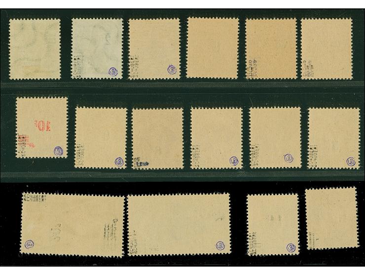 1947, Urdruck 10 C.-50 Fr. komplett, Mi.-Nr. 228-229 sowie 235 je mit in beiden Varianten, 2 F. ein Wert ungebraucht, sonst p