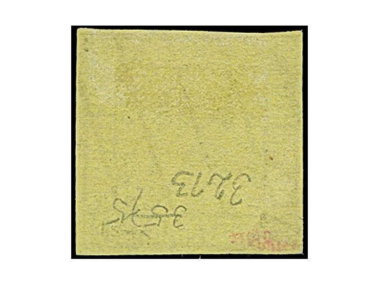 1½ S. auf gelb, farbfrisch und voll- bis meist breitrandig mit kreuzweise aufgesetzem Strichstempel, in tadelloser Erhaltung.