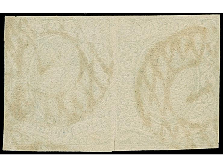 1851, 3 Pfg. gelblichgrün im waagerechten Paar, allseits knapp- bis überrandig je mit Nummer “1” (Hofpostamt Dresden). Das fa