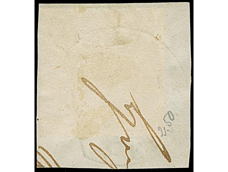 1851, 3 Kr. auf bräunlichgelb, Type III, farbfrisch und allseits voll- bis sehr breitrandig mit blauem Steigbügelstempel “HEL