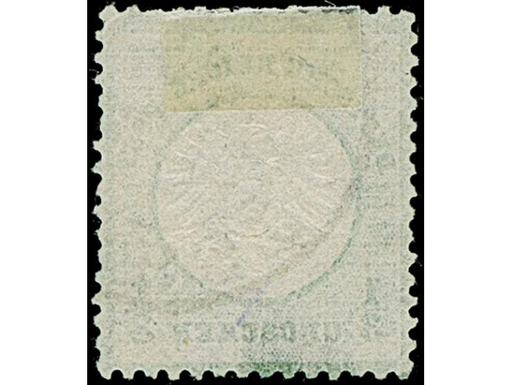 ⅓ Gr. grausmaragdgrün mit Plattenfehler “Punkt unter R in Groschen” (Feld 14), gestempelt, die farbfrische Marke ist deutlich