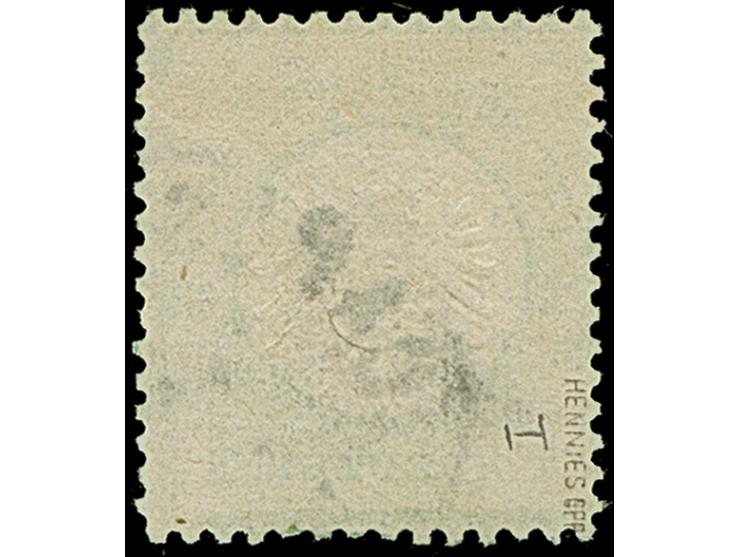 1 Kr. gelblichgrün mit Plattenfehler “Plattenbruch vom Innenkreis durch zweites E von DEUTSCHE zum Rahmen verlaufend” (Feld 1