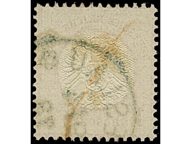 1 Gr. karmin im kleinen Format L15 mit Plattenfehler “Beule am Kreis unter REICHS” (Feld 150) und Prägefehler rechts unten am