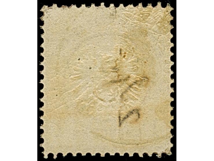 1 Gr. karmin mit Plattenfehler “Akzent auf E in REICHS” (Feld 96), sauber gestempelt, die farbfrische Marke ist deutlich gepr