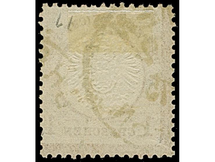 1 Gr. karmin mit Plattenfehler “zwei fehlende Striche der 14. Strichleiste links der rechten Wertziffer”, sauber gestempelt. 