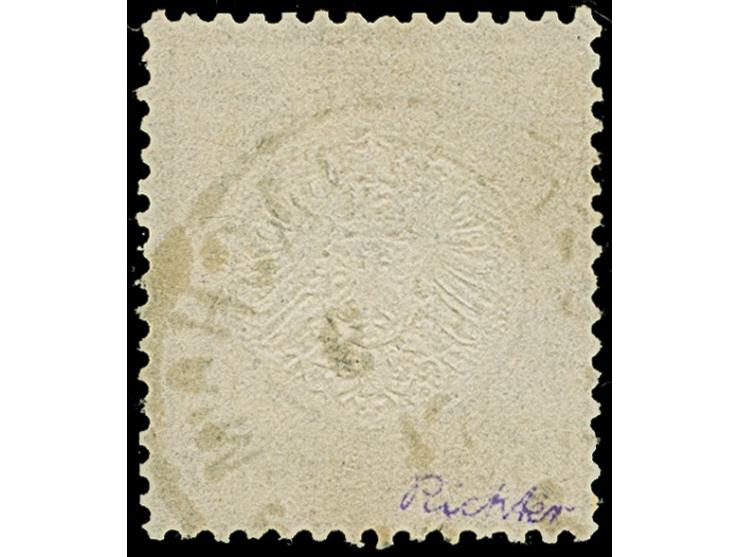 18 Kr. ockerbraun mit Plattenfehler “rechter Fuß vom zweiten R in KREUZER nach rechts verlängert” (Feld 19,21), mit Ekr. “OFF