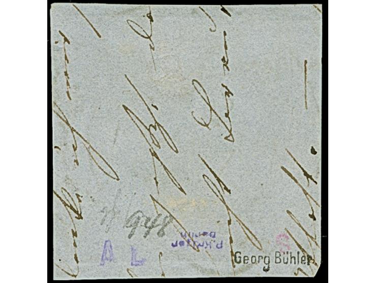 18 Kr. auf bläulichviolett, Type I, sehr farbfrisch und allseits voll- bis breitrandig mit praktisch kpl. Steigbügelstempel “