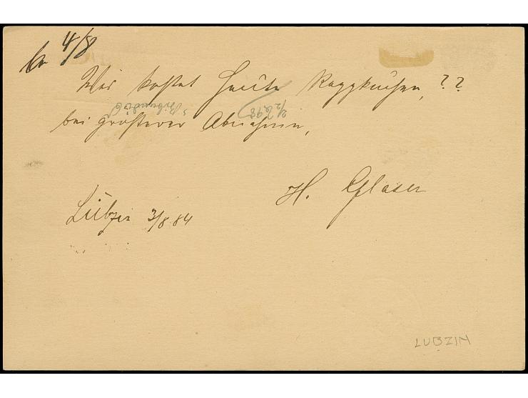1884, “AUS…(Lubzin)…PER DAMPFSCHIFF 4.8.(84)” sehr klar auf Ganzsachenkarte 5 Pfg. mit Text nach Stettin mit vorderseitigem A