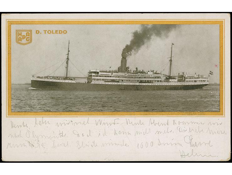 “DSP HAMBURG-AMERIKA LINIE 22.10.23” aptierter Stempel klar auf Schiffs-Ansichtskarte “D. Toledo” und Text nach Hamburg. Mark