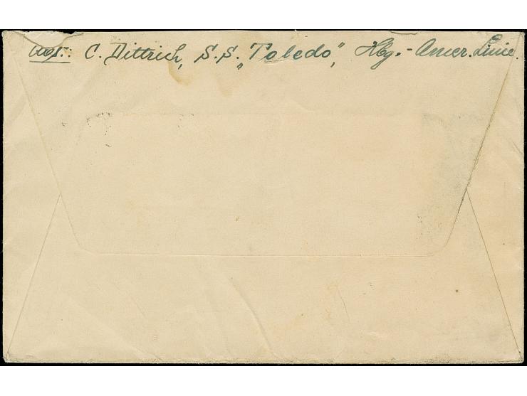 “DSP HAMBURG-AMERIKA LINIE 29.8.23” (D. Toledo) aptierter Stempel zweimal recht klar auf Ziffer 1000 und 2000 M. auf Vordruck