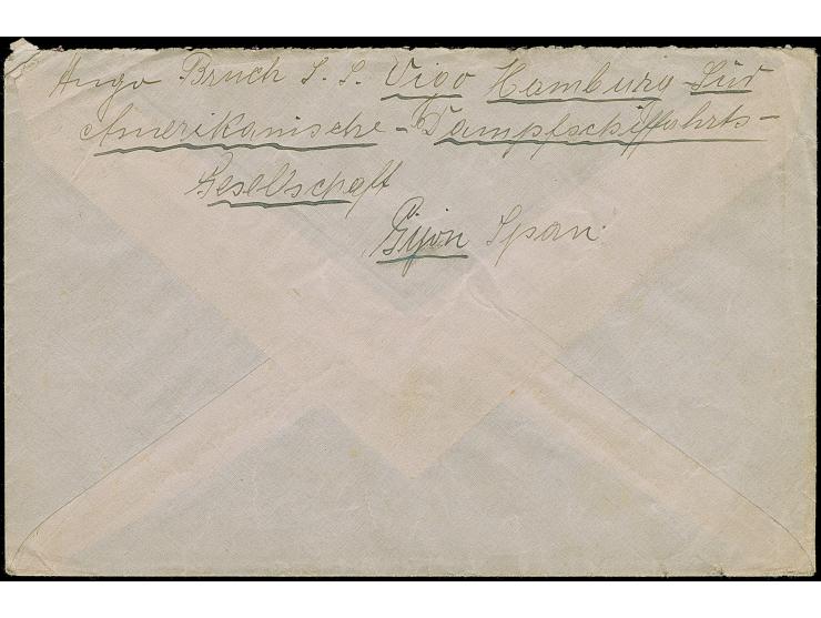 “DSP LINIE HAMBURG-SÜDAMERIKA VIII. 12.1.23” (D. Vigo) zweimal klar auf Posthorn 30 M. und Ziffer 50 M. auf Brief mit komplet