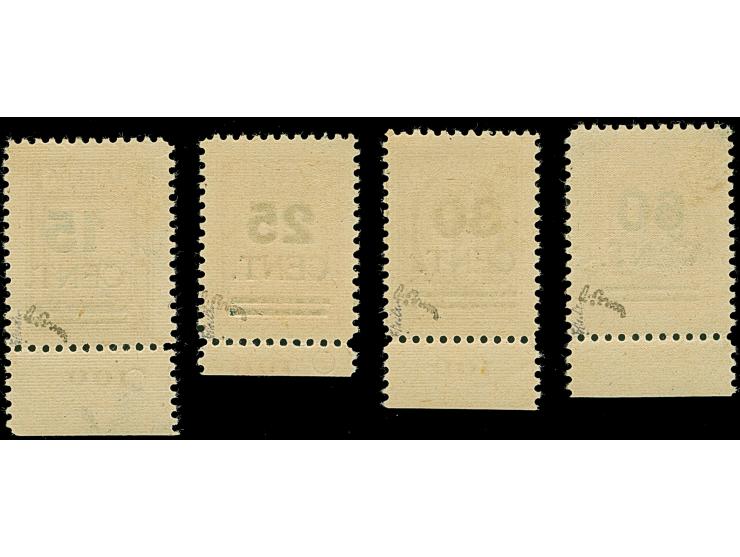 1923, Grünaufdruck 15-60 Cent., Aufdrucktype II “dicke Ziffern”, einheitliche Unterrandstücke von Feld 100, sauber ungebrauch