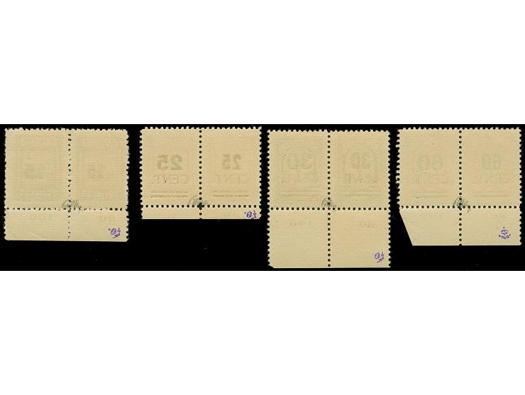 1923, Grünaufdruck 15-60 Cent., Aufdrucktype II “dicke Ziffern”, einheitliche Unterrandpaare Felder 99-100, Type I auf Feld 9