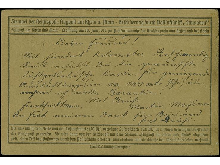1912, E.EL.P. 20 Pfg. und Germania 5 Pfg. je mit Flugpoststempel “Frankfurt 23.6.12” auf Sonderkarte mit viel Text nach Orlam