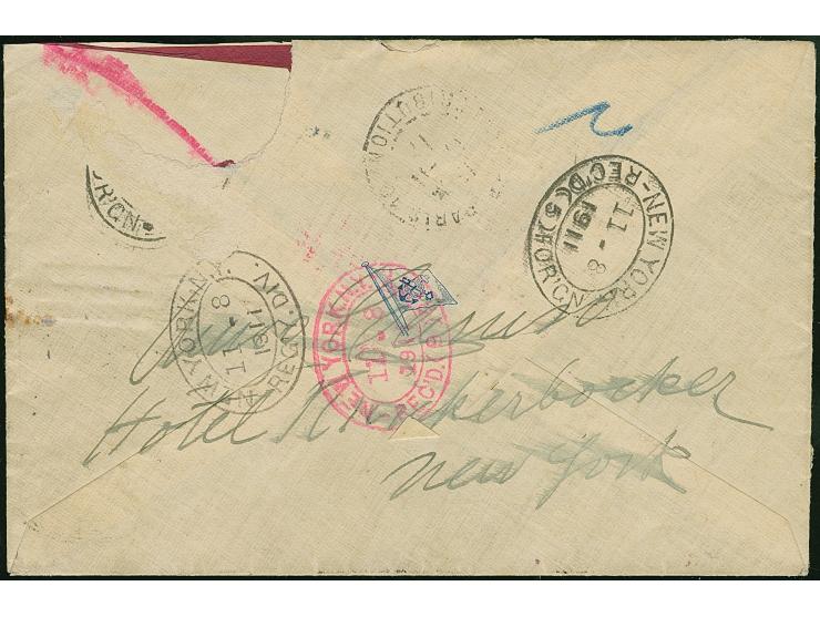 “DASP BREMEN-NEW YORK X 7.11.11” merhfach klar auf Germania 20 Pfg. und vier Einzelwerten 5 Pfg. als tarifgerechte Frankatur 