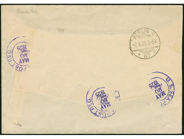 “UNITED STATE SEA POST JUN…1923/1” Dublex-Stempel auf USA Freimarke 15 C. auf R-Brief mit amerikanischem R-Stempel und deutsc