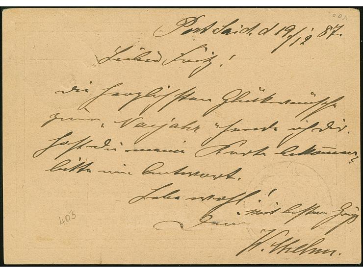 “DSP MITTELMEER-LINIE *c 23.12.87” klar auf Ägypten Ganzsachenkarte 20 Pa. mit Text und Datierung “Port Said 19.12.87” an die