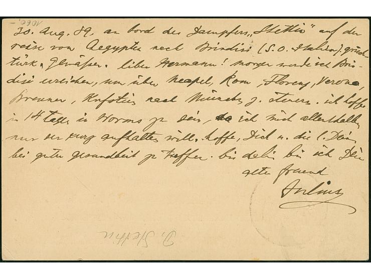 “DSP MITTELMEER-LINIE *c 31.8.89” (D. Stettin) klar auf Ganzsachenkarte 10 Pfg. und Text nach Worms mit Ankunftsstempel, in g