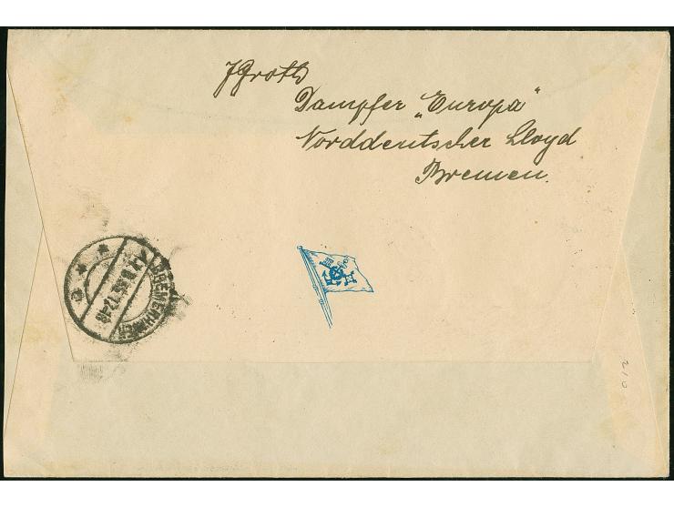 “DASP BREMEN-NEW YORK D. EUROPA” mehrfach klar auf Oberrandsatz 100 Jahre Deutsche Eisenbahn 6-40 Pfg. auf R-Katapultpost-Bri