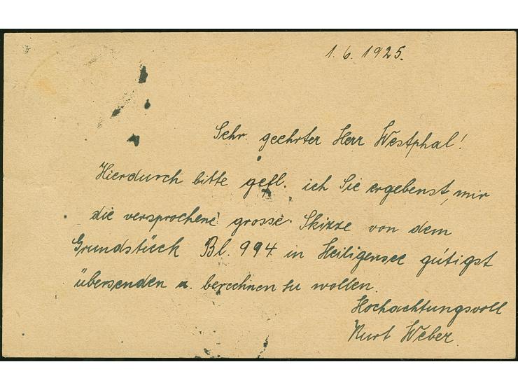 “DSP STETTIN-RIGA1.6.25” klar in Violett auf Ganzsachenkarte 20 Pfg. mit Text nach Berlin-Tegel, zum Teil Randknitter, ansons