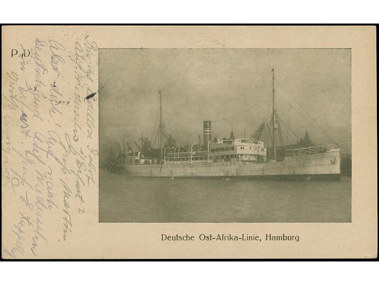 “DSP LINIE HAMBURG-WESTAFRIKA XX. 12.4.21” (D. Baltika) sehr klar auf zwei Einzelmarken Germania 30 Pfg. blau auf Schiffspost