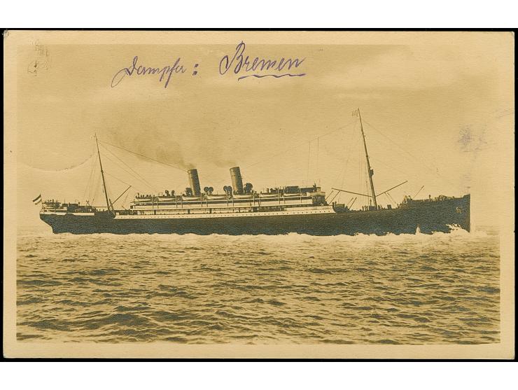 “DSP LINIE BREMEN-NEW YORK c 23.5.23” zweimal recht klar auf zwei Einzelmarken Ziffer 100 M. auf Schiffspostkarte “D. Bremen”