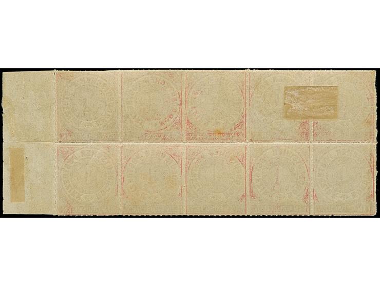 1 Gr. karmin, waagerechter 10er-Block vom Rechen Bogenrand mit Reihenzähler und "8" und "9", farbfrisch und gut durchstochen,