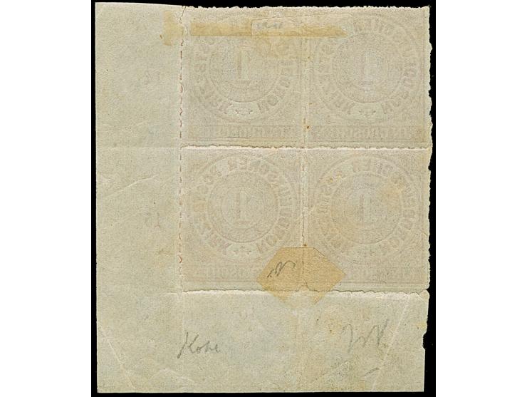 1 Gr. karmin, Viererblock aus der rechten unteren Bogenecke mit Reihenzähler "14"-"15"und "9"-"10", farbfrisch und gut durchs