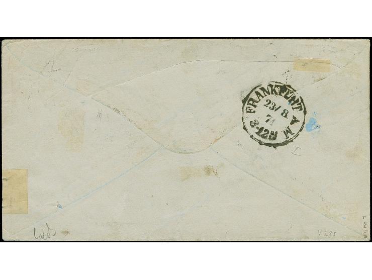 ¼ Gr. braunviolett mit EKr. "HAMBURG P.E.12. 22 8 71" auf unterfrankiertem Brief nach Frankfurt am Main, dort mit Nachporto 7