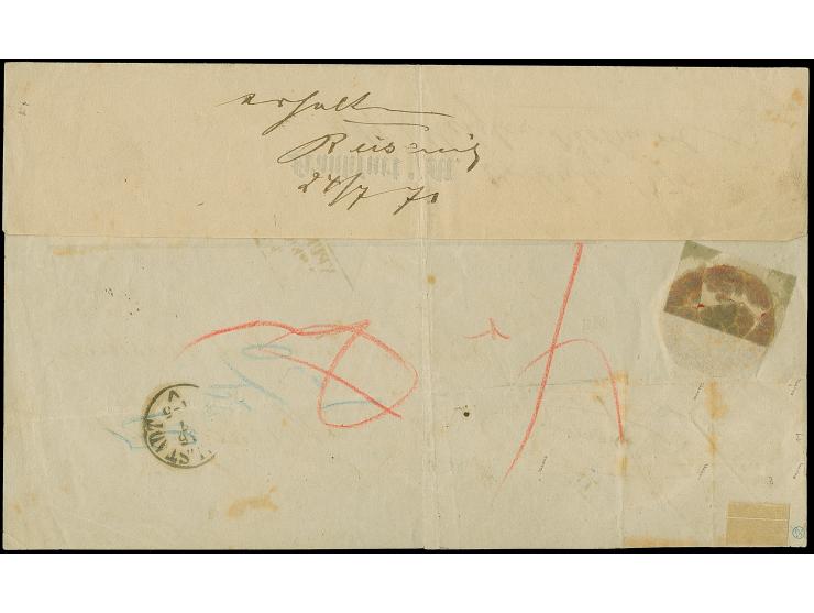 18 Kr. ockerbraun, 4er-Block und Einzelmarke, als reine Mehrfachfrankatur, mit Ra3 "FRANKFURT A.M. POSTEXPED. N° 1 24 7 71" a