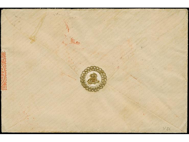 ¼ Gr. grauviolett, ½ Gr. orange, 1 Gr. karmin und zwei Einzelwerte 5 Gr. ocker, mit Ra3 "HANNOVER STADT-POST-EXP. NO. 1 8/10 