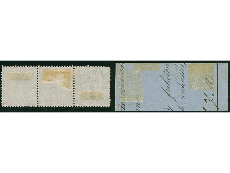 1 Gr. im waagerechten 3er-Streifen mit 2 sauberen Abschlägen des Anlandestempels &nbsp;"STOCKHOLM K: K: 9 6 1871"sowie 3 Einz