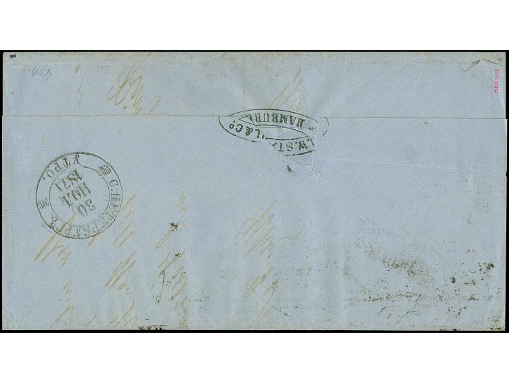 1 Gr. karmin, waagerechter 3er-Streifen, 2 Paare und Einzelmarke, mit EKr. "HAMBURG I.A. 8 8 71" auf Briefhülle der 2. Gewich