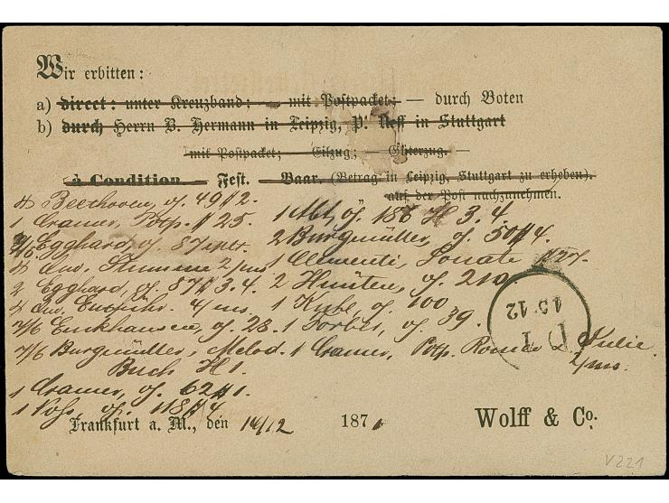 1 Kr. grün, mit EKr. "FRANKFURT A./M. 14 12 71"auf 'Musikalien-Bestellzettel' nach Offenbach. Die Karte leicht außerhalb der 