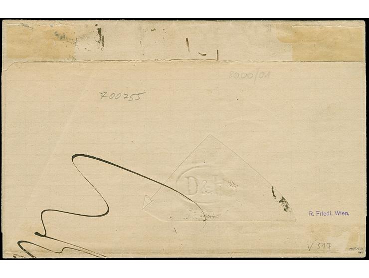 2 Kr. orange, waagerechter 4er-Streifen und Einzelmarke, bei letzterer ein Fehlzahn kaschiert, sonst bis auf geringe Zahnunre