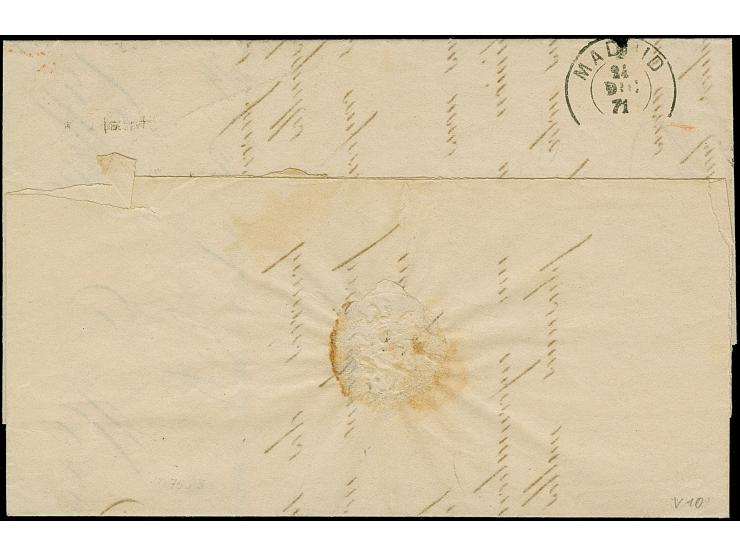 7 Kr. graublau, 3 Einzelwerte mit EKr. "FRANKFURT A.M. 20 12 71" auf komplettem Faltbrief über Preußen nach Madrid, mit Ankun