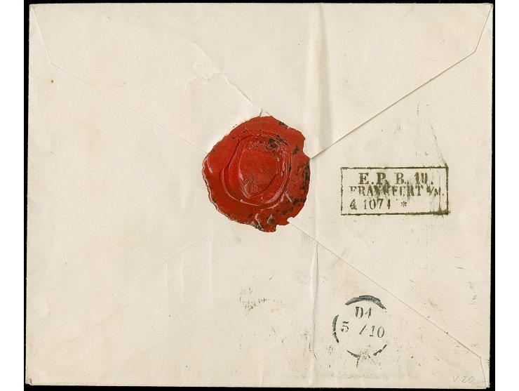 3 Kr. karmin, waagerechter Dreierstreifen, und 7 Kr. Graublau, mit Ra. "E.P.B. 18/FRANKFURT A.M./ 6 10 71" auf Express-Briefk