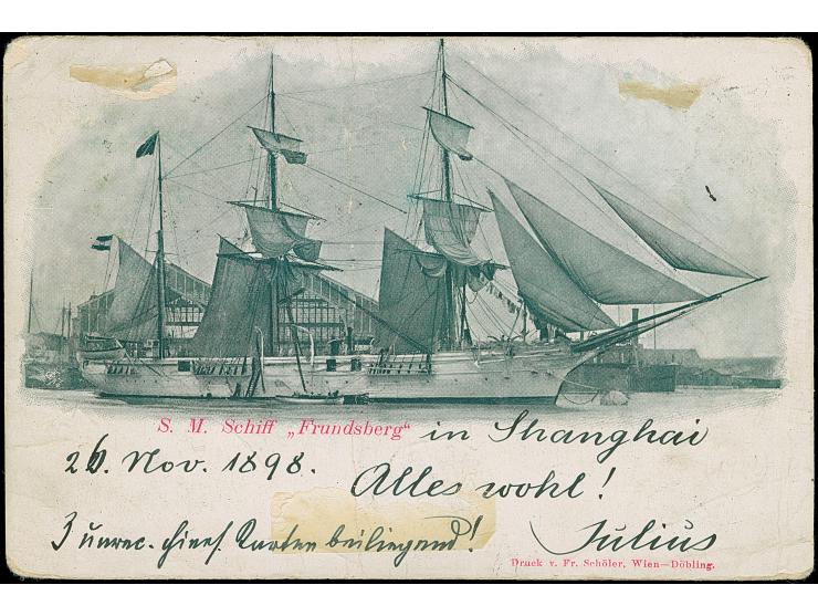 1 c. ocher vertical pair, 2 c. red and 10 c. green, tied by large cds “SHANGHAI” to registered postcard to Austria with addit