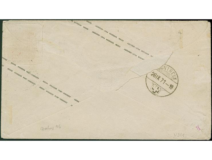 Umschlag 3 Kr. auf Preußen 2 Kr. orange, mit Zufrankatur 1 Kr. grün und 3 Kr. karmin, mit EKr. "FRANKFURT A.M. SACHSENHAUSEN 