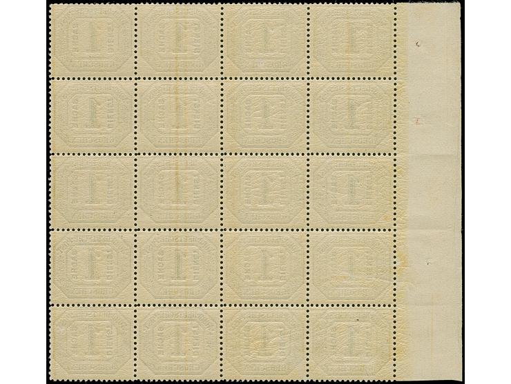 1 Gr. im senkrechten zwanziger-Block vom linken Bogenrand mit Anlagepunkten sowie Randinschrift "Pc.f.d.Dr." (Punkte für den 