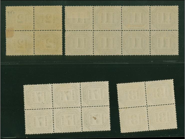 1-7 Kr. in Blockstücken, dabei 2 und 3 Kr. in Viererblocks, 1 Kr. im 8er-Block und 7 Kr. im 6er-Block, ungebraucht, etwa die 