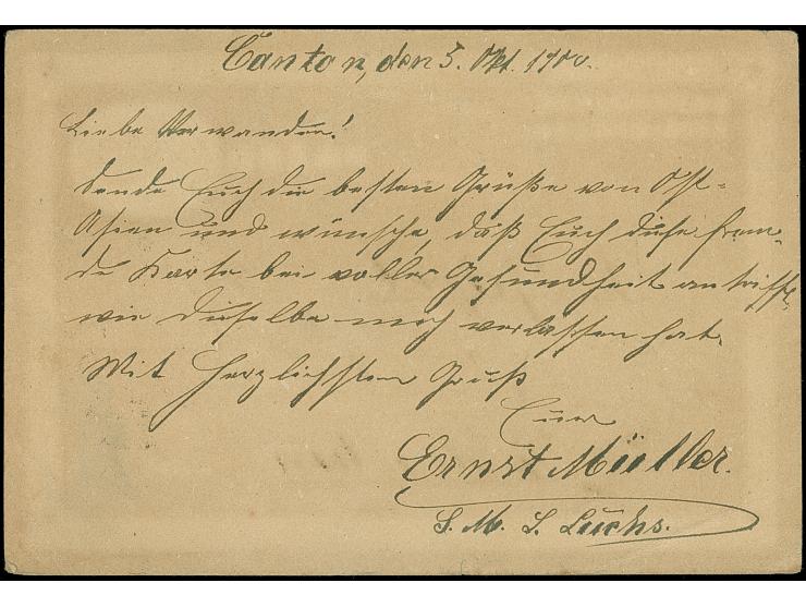 1 c. ocher and 2 c. red neatly tied by cds “CANTON OCT 00” to postal stationery card 1 c. rose to Germany, additional frankin