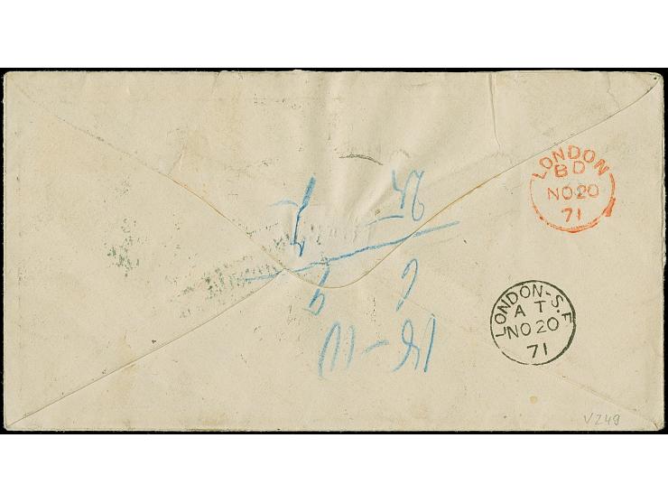 ⅓ Gr. grün und 2 Gr. blau, mit sauber auf- und nebengesetztem DKr. Köln Bahnhof 18 11 (1871) auf Briefkuvert nach London. Da 